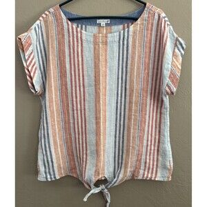 LL Bean Signature Women’s Medium 100% Linen Tie Waist Orange Blue Red Blouse Top